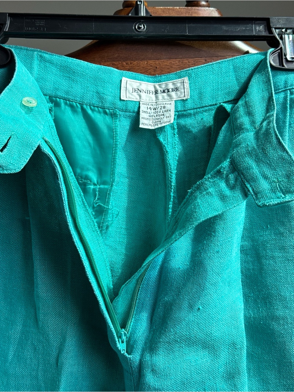 Vintage Jennifer Moore Linen Shorts Teal Green High Waist L Pleated 90s Resort - Picture 3 of 11
